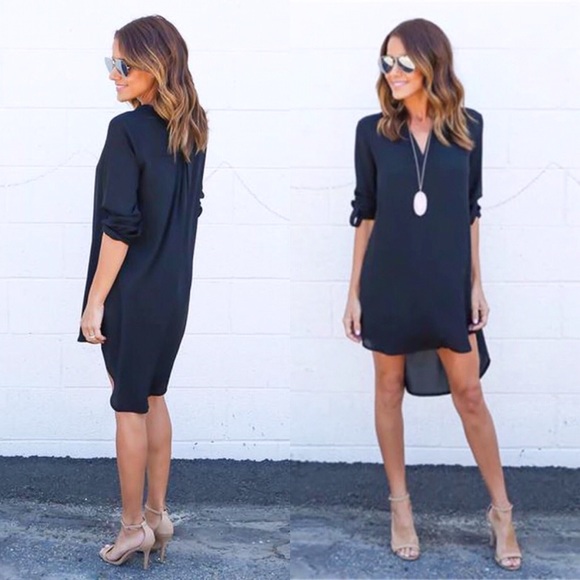 💥 CLEARANCE Chic Rolled Sleeve High Low Chiffon Shirt Dress - Picture 2 of 7